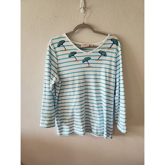 Quacker Factory Top Blouse Womens Size L Blue Striped Beach Florida Sequin - Picture 1 of 4